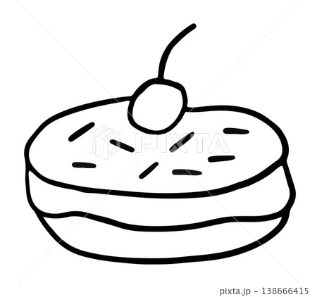 Hand drawn outline of donut with cherry for kid colouring book, art, sweet dessert, bakery, pastry, snack, department store, cafe, restaurant, menu, recipe, baking book, brunch, sticker, foodie, mart	 138666415