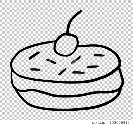 Hand drawn outline of donut with cherry for kid colouring book, art, sweet dessert, bakery, pastry, snack, department store, cafe, restaurant, menu, recipe, baking book, brunch, sticker, foodie, mart	 138666415
