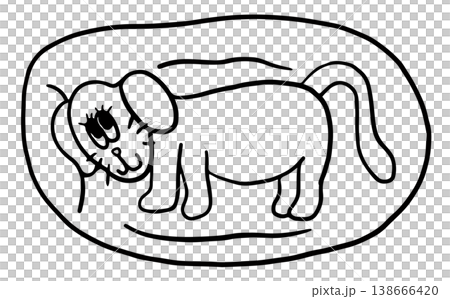 Cute hand drawn outline of puppy sleeping on dog bed for colouring book, decoration, dog cartoon, characters, comic, pet shop, vet, adopt rescue animal, foster home, shelter, house, park, yard, room	 138666420