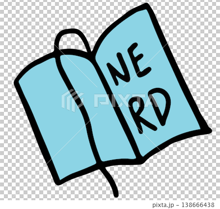 Hand drawn illustration of book and NERD letters for decoration, book reader lover, sticker, cute patch, print, brooch, font, typography, back to school, kids and children, text, message, leisure time 138666438