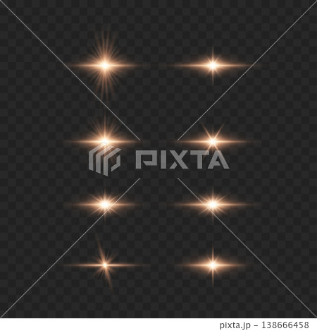 Realistic Golden Lens Flare Set. Vector Horizontal Light Flashes and Glowing Stars on Transparent Background. 138666458