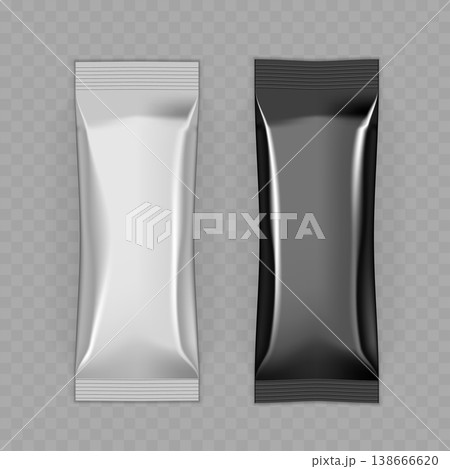 Realistic Silver and Black Stick Pack Mockup Set. Vector Glossy Foil Sachet Templates for Coffee, Sugar or Powder. Realistic Silver and Black Stick Pack Mockup Set. Vector Glossy Foil Sachet Templates for Coffee, Sugar or Powder. 138666620