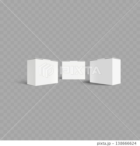 Realistic Blank White Box Mockup Set. Vector Horizontal Cardboard Packaging Templates in Various Angles. Realistic Blank White Box Mockup Set. Vector Horizontal Cardboard Packaging Templates in Various Angles. 138666624