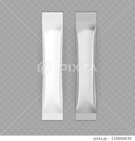 Realistic Silver and Black Stick Pack Mockup Set. Vector Glossy Foil Sachet Templates for Coffee, Sugar or Powder. 138666630