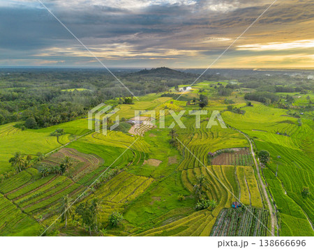 Beautiful morning view in Indonesia, panoramic landscape of rice fields with mountain ranges and clear sky Beautiful morning view in Indonesia, panoramic landscape of rice fields with mountain ranges and clear sky 138666696