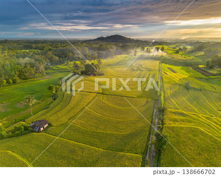 Beautiful morning view in Indonesia, panoramic landscape of rice fields with mountain ranges and clear sky Beautiful morning view in Indonesia, panoramic landscape of rice fields with mountain ranges and clear sky 138666702