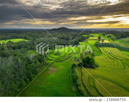 Beautiful morning view in Indonesia, panoramic landscape of rice fields with mountain ranges and clear sky Beautiful morning view in Indonesia, panoramic landscape of rice fields with mountain ranges and clear sky 138666750