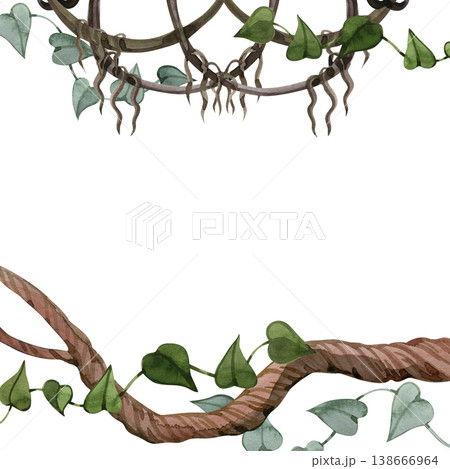 Hand drawn watercolor frame of tropical jungle vines and liana branches with green ivy leaves. Realistic botanical border for nature themed wedding invitations, eco branding, and rustic garden decor. Hand drawn watercolor frame of tropical jungle vines and liana branches with green ivy leaves. Realistic botanical border for nature themed wedding invitations, eco branding, and rustic garden decor. 138666964
