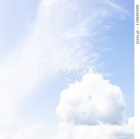 Bright blue sky with fluffy white clouds and wispy cloud formations 138666999