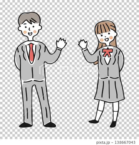 一名身穿制服的男孩和一名身穿制服的女孩舉手向某人問好。 一名身穿制服的男孩和一名身穿制服的女孩舉手向某人問好。 138667043