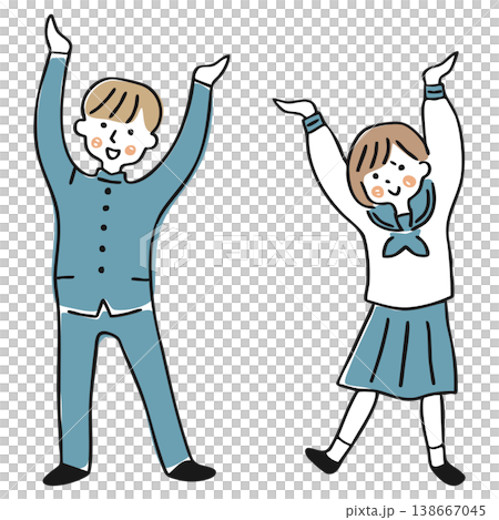 一男一女身穿制服,雙臂伸展向上。 一男一女身穿制服,雙臂伸展向上。 138667045