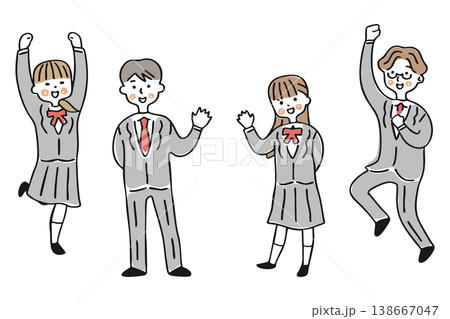 手を挙げて挨拶する男女とジャンプをして喜ぶ男女　セット① 138667047