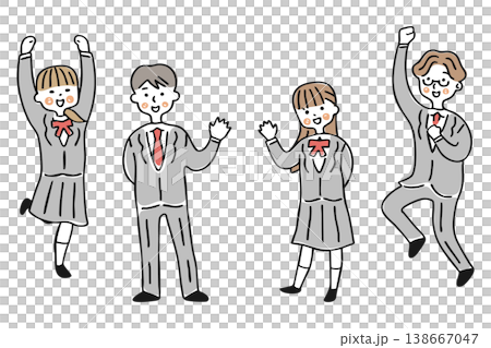 手を挙げて挨拶する男女とジャンプをして喜ぶ男女　セット① 138667047