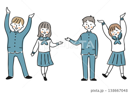手で案内をする男女と両手を広げて上を示す男女　セット① 138667048
