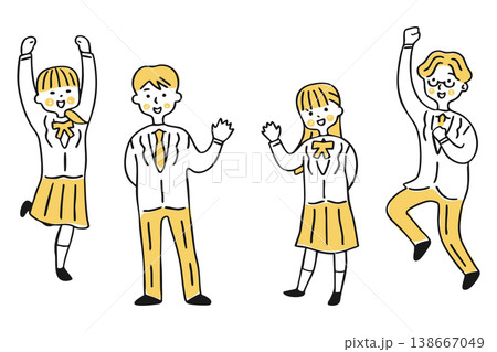 手を挙げて挨拶する男女とジャンプをして喜ぶ男女　セット② 138667049