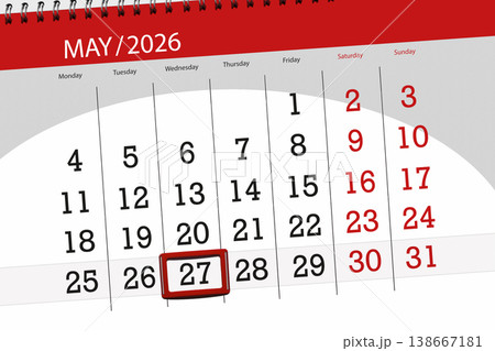 Calendar 2026, deadline, day, month, page, organizer, date, May, wednesday, number 27 138667181