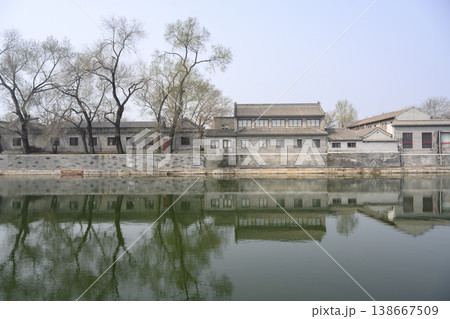 View of the canal and Hutong district near the old city in Beijing, China 138667509