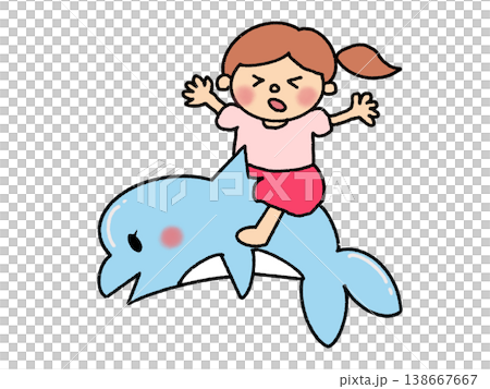 一個可愛的女孩在海豚背上享受夏日休閒活動。 一個可愛的女孩在海豚背上享受夏日休閒活動。 138667667