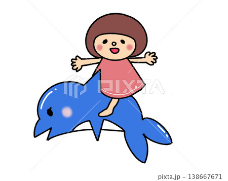 イルカに乗って夏のレジャーを楽しむおかっぱ頭のかわいい女の子 138667671