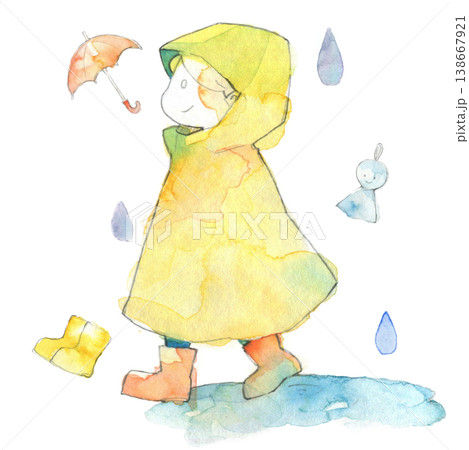 水彩の雨の日の子どもとレインコート｜傘・長靴・梅雨・かわいい人物イラスト 138667921