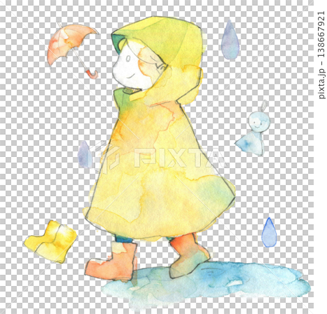 水彩の雨の日の子どもとレインコート｜傘・長靴・梅雨・かわいい人物イラスト 138667921