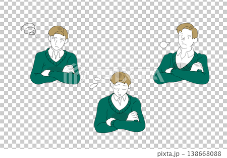 A set of illustrations depicting the facial expressions of a business casual man with his arms crossed. 138668088