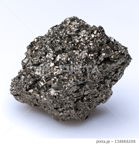 Close up of raw pyrite crystal mineral specimen with metallic golden luster on white background. Close up of raw pyrite crystal mineral specimen with metallic golden luster on white background. 138668208