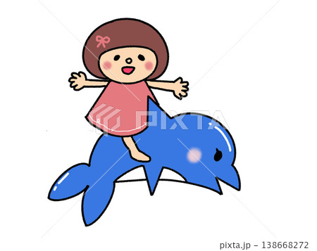 イルカに乗って夏のレジャーを楽しむおかっぱ頭のかわいい女の子 138668272