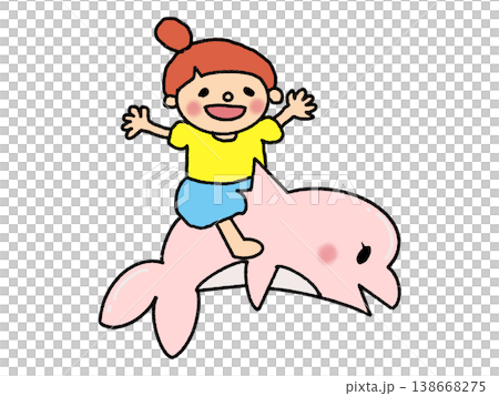 イルカに乗って笑顔いっぱいバンザイお団子ヘアのかわいい女の子 イルカに乗って笑顔いっぱいバンザイお団子ヘアのかわいい女の子 138668275