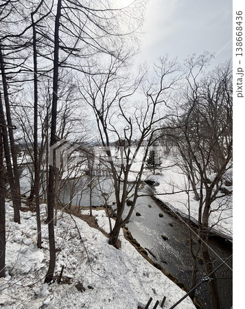 Beautiful view of Fukidashi park in winter Season in Hokkaido, Japan. Beautiful view of Fukidashi park in winter Season in Hokkaido, Japan. 138668436