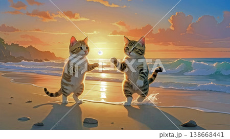 夕日の海辺で向かい合う2匹のかわいい子猫 138668441