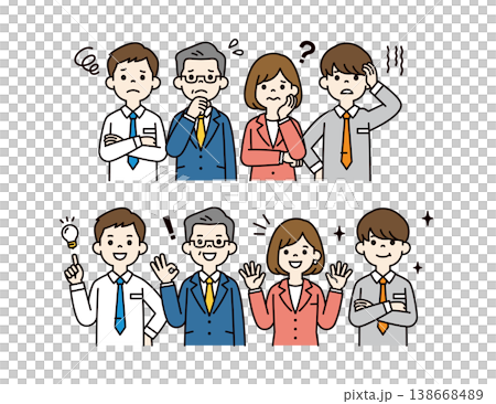 一組向量插圖，描繪了辦公室工作人員在解決問題後，臉上分別露出憂慮和喜悅的表情。 138668489