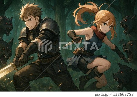森の中で魔物に立ち向かう男女の戦士バトルファンタジーイラスト 138668758