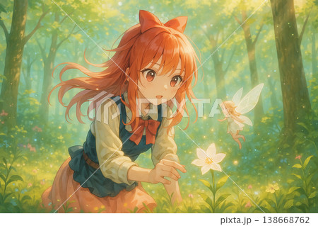 森の中で妖精と出会い花に触れる少女の幻想的ファンタジーイラスト 138668762