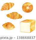 パンセット 水彩 手描きイラスト 食パン バターロール ベーグル クロワッサン 素材 138668837
