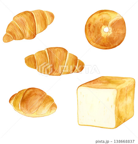 パンセット 水彩 手描きイラスト 食パン バターロール ベーグル クロワッサン 素材 138668837
