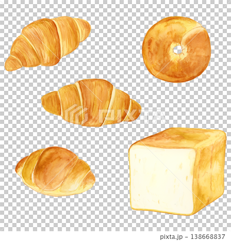 パンセット 水彩 手描きイラスト 食パン バターロール ベーグル クロワッサン 素材 138668837