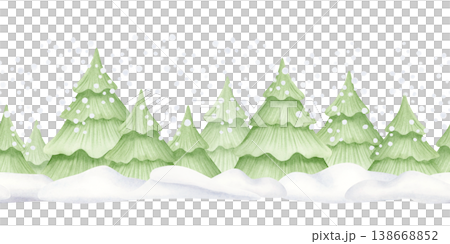 Watercolor fir forest with snowfall and snowdrifts seamless border isolated on white. Christmas trees horizontal repeat background in simple cartoon style. Happy New Year drawing in pastel green color 138668852