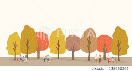紅葉の公園背景イラスト 秋の散歩シーンと人物のある横長素材 紅葉の公園背景イラスト 秋の散歩シーンと人物のある横長素材 138668861