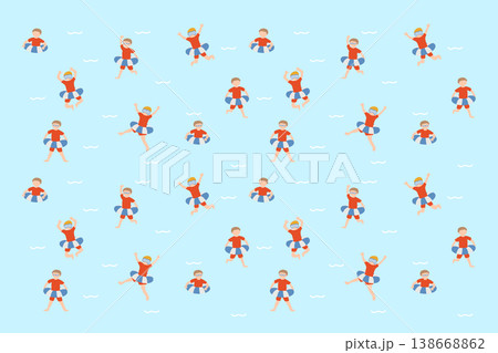 夏のプール遊び背景イラスト 浮き輪で遊ぶ子どもの横長素材 138668862