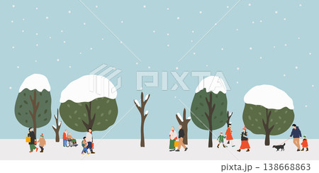 冬の公園 雪景色の背景イラスト 人々が歩く横長素材 138668863