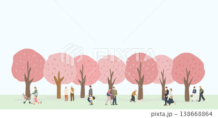桜並木の公園背景イラスト 春の散歩シーンと人物のある横長素材	 138668864
