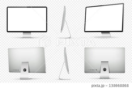 Realistic computer screen mockup. Computer monitor from different angles view isolated on transparent background. Realistic computer screen mockup. Computer monitor from different angles view isolated on transparent background. 138668868