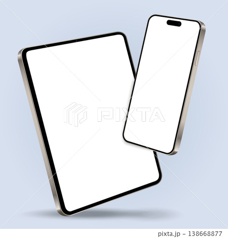 Realistic smartphone with tablet blank screen while levitating in the air on a blue background Realistic smartphone with tablet blank screen while levitating in the air on a blue background 138668877