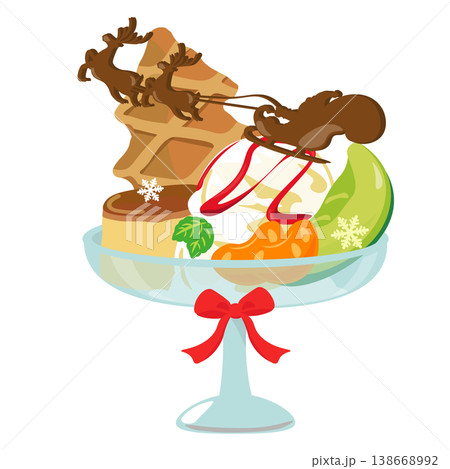 サンタさんのチョコがのるクリスマス仕立てのプリンアラモードのイラスト サンタさんのチョコがのるクリスマス仕立てのプリンアラモードのイラスト 138668992