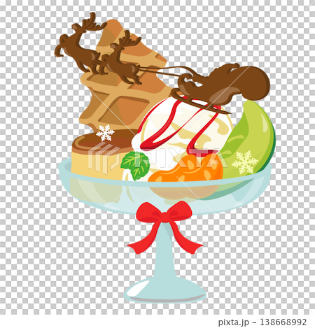 サンタさんのチョコがのるクリスマス仕立てのプリンアラモードのイラスト サンタさんのチョコがのるクリスマス仕立てのプリンアラモードのイラスト 138668992