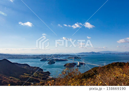 青空と来島海峡大橋のパノラマ風景（余白あり） 138669190