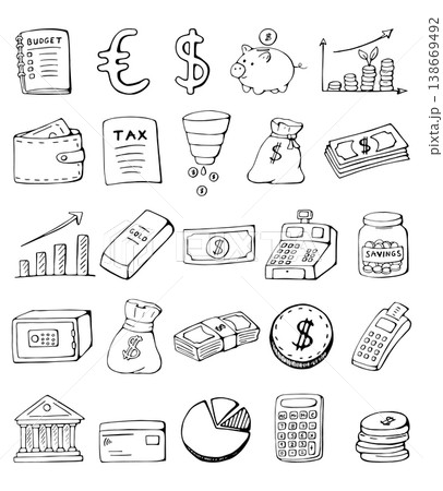 Finance and Banking Doodle Icons Set Money Budget Payment Hand Drawn Collection Finance and Banking Doodle Icons Set Money Budget Payment Hand Drawn Collection 138669492