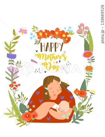 Cute Floral Frame Composed with Cartoon Mother feeding Baby from Bottle Cute Floral Frame Composed with Cartoon Mother feeding Baby from Bottle 138669526