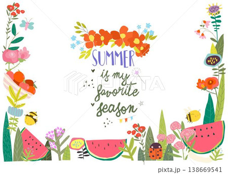 Cute Cartoon Frame with Watermelon, Apples, Summer Flowers, Plants and Bees 138669541